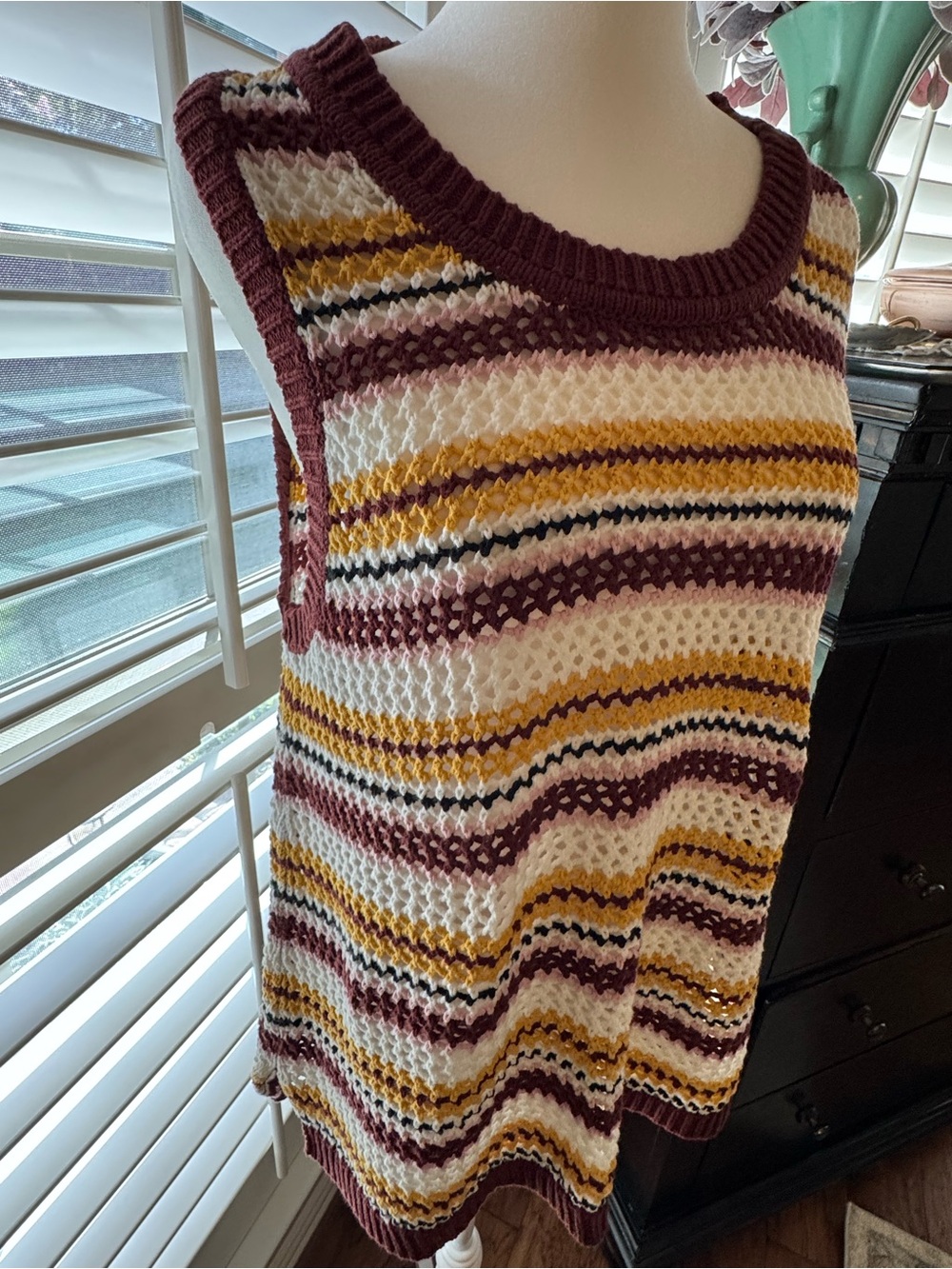 Sanctuary Open-Knit Striped Tank - Burgundy, Mustard & Cream